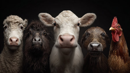 Group of farm animals on a black background, studio shot, close-upの素材