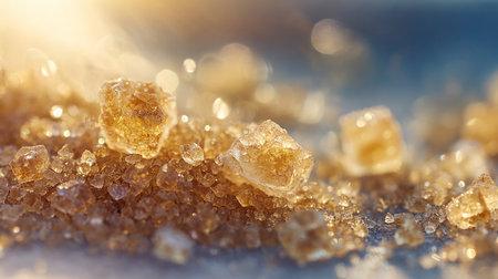 Brown sugar crystals on the beach. Shallow depth of field.の素材