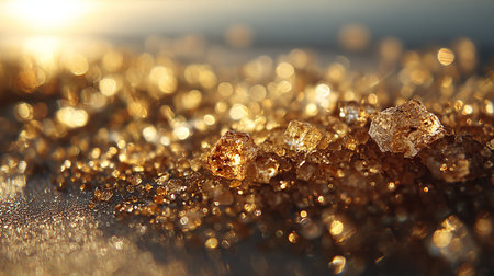 Brown sugar crystals on golden bokeh background. Macro shot.の素材