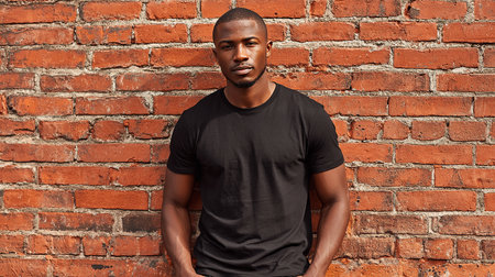 Handsome african american man in black t-shirt against brick wall.の素材