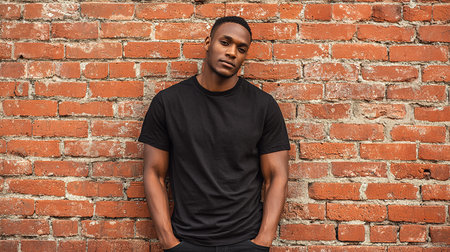 Handsome african american man in black t-shirt against brick wallの素材