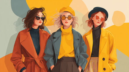 Fashionable young women in sunglasses and hats. Vector illustration.の素材