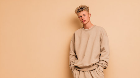 Handsome young man with blond curly hair on a beige backgroundの素材