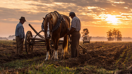 Farmer working in the field with a tractor and a horse at sunsetの素材