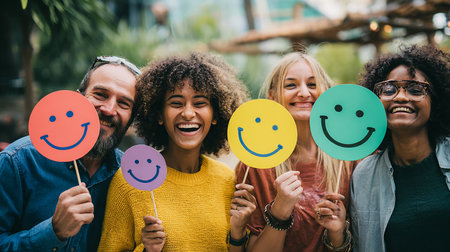 Group of friends holding smiley emoticons. Multiethnic group of people having fun together.の素材