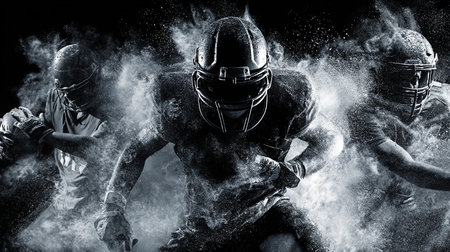 American football players in action on black background. 3D rendering.の素材