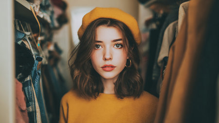 Portrait of a beautiful young woman in a yellow sweater and a yellow hat in a wardrobeの素材