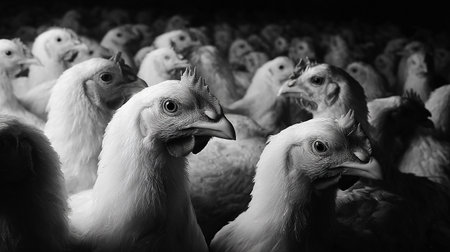 chickens on a farm, black and white photo, close-upの素材