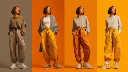 Collage of beautiful african american woman in stylish clothes on color backgroundの素材