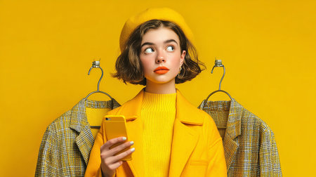 Portrait of a beautiful girl in a yellow coat and beret on a yellow background.の素材