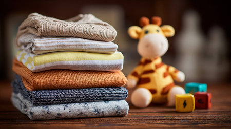 Baby clothes and toys on a wooden background. Selective focus.の素材