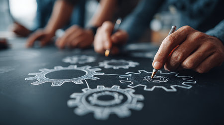 Teamwork concept. Close up of business people drawing gear mechanism on chalkboardの素材