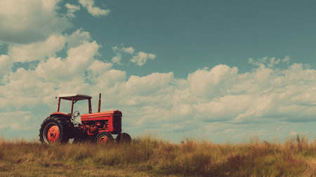 Tractor on the field with blue sky background. Toned.の素材