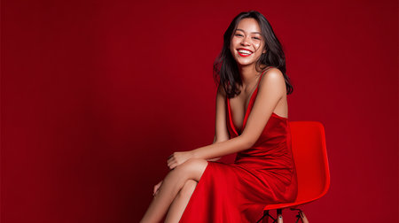 Full length portrait of a smiling asian woman in red dress sitting on chair isolated over red backgroundの素材