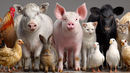 Group of farm animals. Pig, pig, chicken, rabbit, rabbit, rooster, pig and chicken.の素材