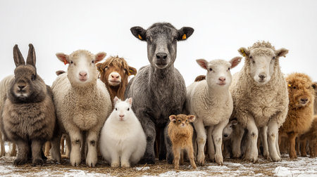 Group of sheeps and lambs in a herd on a farmの素材