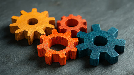 Colorful wooden gears on grey background, closeup. Teamwork conceptの素材