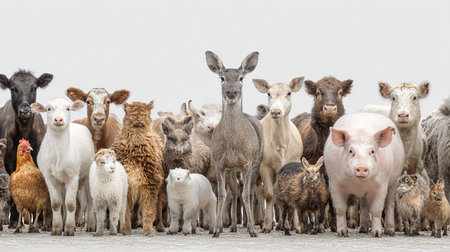 Herd of domestic sheep and goat in front of a white backgroundの素材