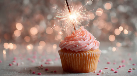 Birthday cupcake with sparkler on bokeh lights backgroundの素材