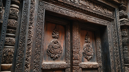 Wooden door of the temple in Kathmandu, Nepal.の素材