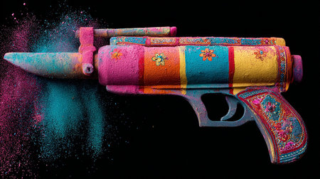 Colorful plastic toy gun on a black background with spray paint.の素材