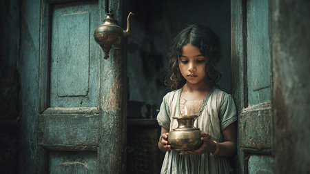 Beautiful asian girl holding a candle in front of an old doorの素材