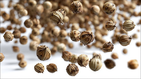 Dried coriander seeds flying in the air on a white backgroundの素材