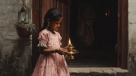 Young indian girl in traditional dress holding candle in her hands.の素材