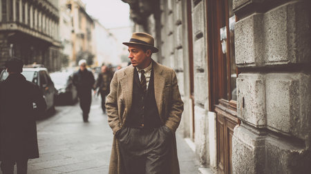 Portrait of a man in a hat and coat on the streetの素材