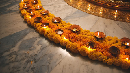 Beautiful decoration of Diwali or Deepavali oil lamps lit on colorful rangoli. Hindu festival of lights celebration.の素材