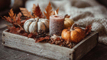 Autumn still life with pumpkins, candles and dry leaves on rustic wooden backgroundの素材