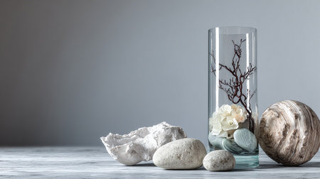 Glass vase with flowers and stones on wooden table against grey backgroundの素材