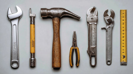 Set of old tools on a gray background. View from above.の素材