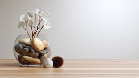 zen stones in glass vase and white flowers on wooden table.の素材