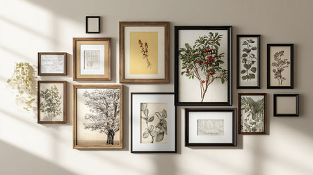3D render of a set of black and brown frames hanging on the wall.の素材