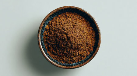 Coffee powder in a ceramic bowl on a gray background.の素材