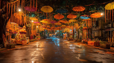 The street decorated with umbrellas at night.の素材