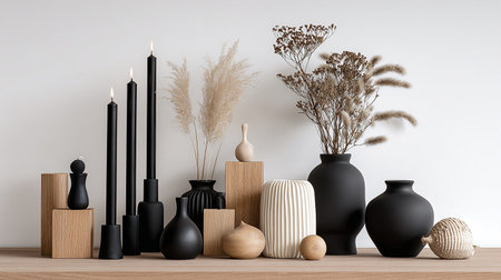 Modern interior with vases, vases and candles. 3d renderの素材