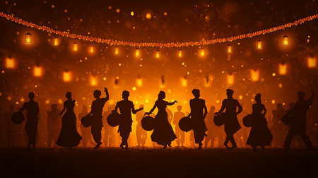 Silhouette of a group of young people dancing in the nightの素材