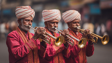 Portrait of a group of Hindu musicians playing the trumpet.の素材