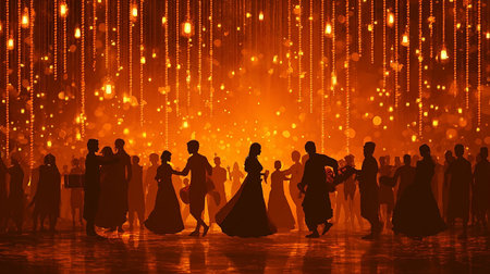 Silhouettes of people dancing in the night club with golden lightsの素材