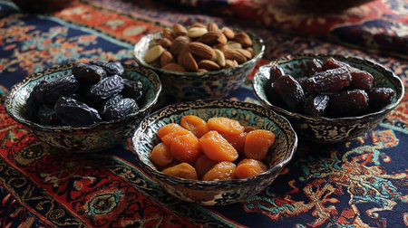 Dried apricots, almonds, raisins and dates in bowlsの素材