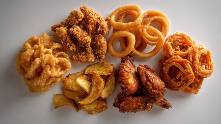 Fried chicken, onion rings and fried potatoes on a white backgroundの素材