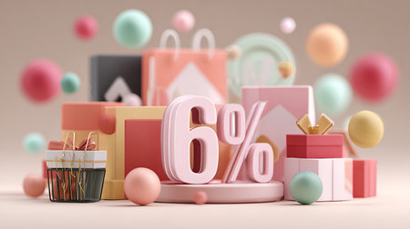 3d illustration of discount percent symbol with shopping bags and gift boxesの素材