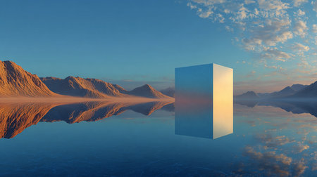 3d illustration of a cube in the sky with clouds and waterの素材