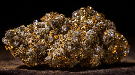 Macro shot of a group of gold sequins on a wooden surfaceの素材