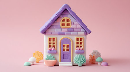 Plasticine house on a pink background. Decorative house.の素材