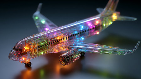 3d rendering of a model of a passenger airplane with colorful lightsの素材