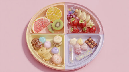 Top view of colorful fruit and chocolate candies on pink background.の素材