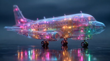 Airplane with glowing lights on the ground. 3d illustration.の素材